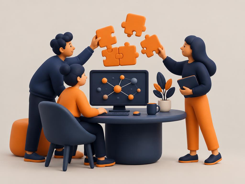 Team assembling orange puzzle pieces above a monitor showing connected nodes